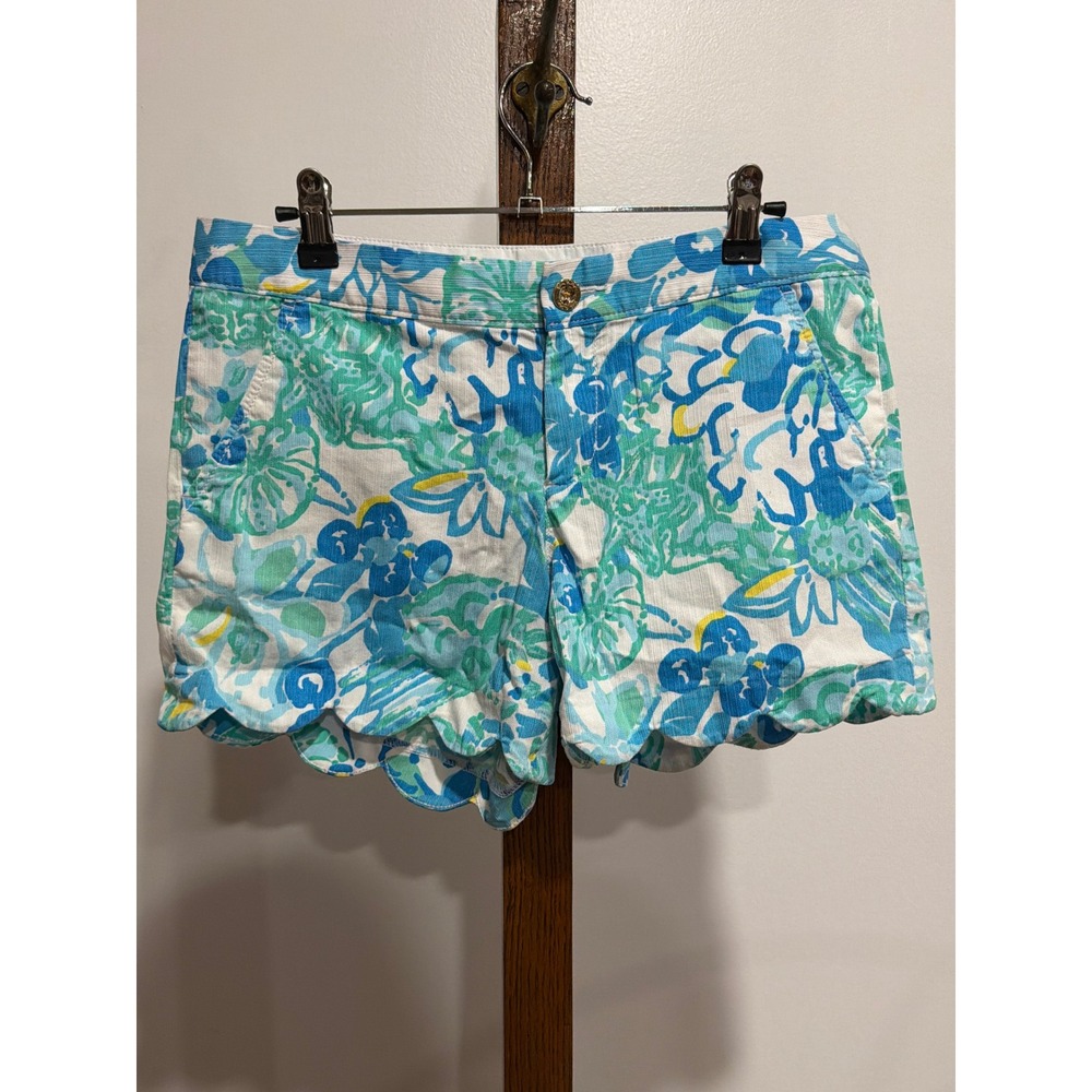 Lilly Pulitzer Buttercup Shorts Scalloped Hem Blue Green Floral 4 Nautical Beach